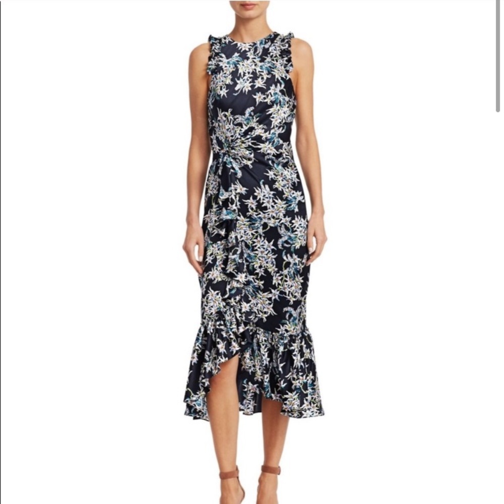 CINQ À SEPT Mirna Silk Ruffled Navy Floral Dress 6